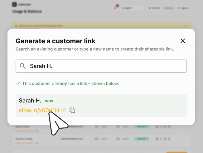 Generate a customer link dialog in the SlabSnap dashboard