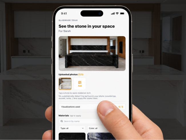The chosen slab applied to the customer photo, seen on their phone